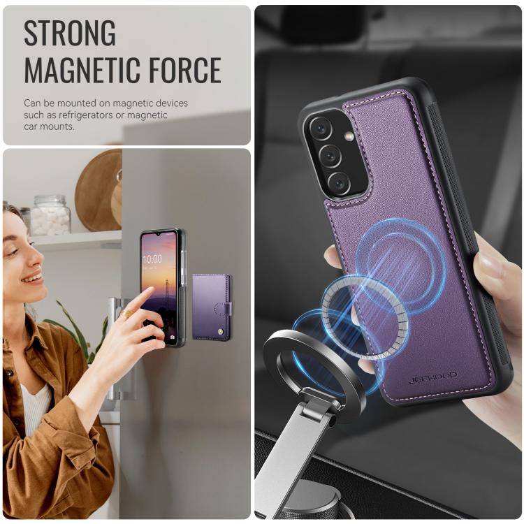 For Samsung Galaxy A34 5G JEEHOOD J09 Buckle Card Bag MagSafe Magnetic Style RFID Leather Phone Case