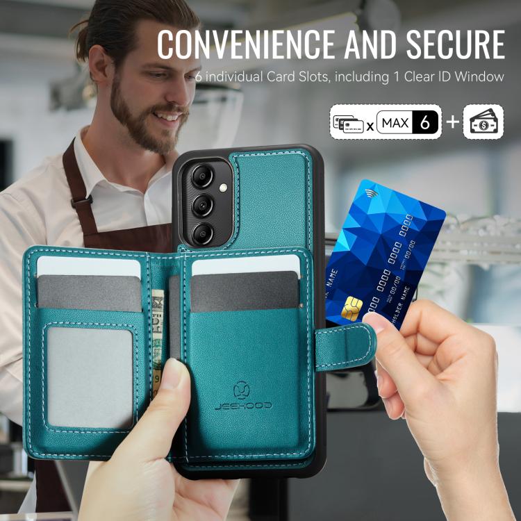 For Samsung Galaxy A34 5G JEEHOOD J09 Buckle Card Bag MagSafe Magnetic Style RFID Leather Phone Case