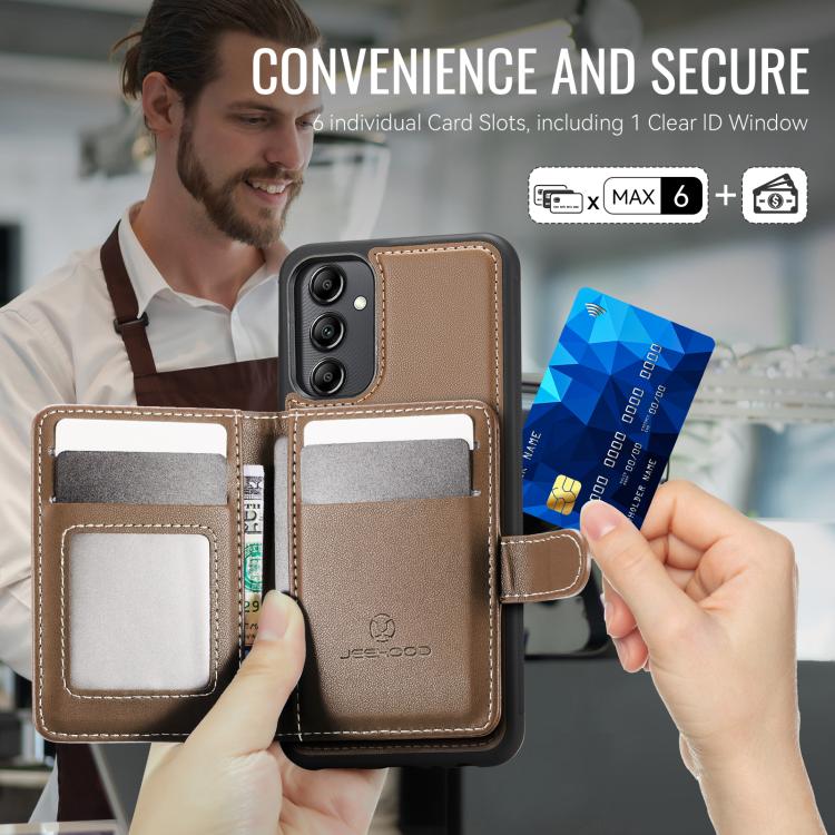For Samsung Galaxy A34 5G JEEHOOD J09 Buckle Card Bag MagSafe Magnetic Style RFID Leather Phone Case