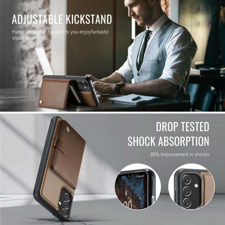 For Samsung Galaxy A34 5G JEEHOOD J09 Buckle Card Bag MagSafe Magnetic Style RFID Leather Phone Case