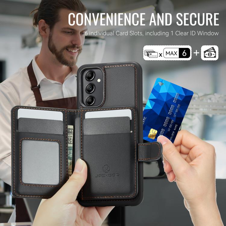 For Samsung Galaxy A34 5G JEEHOOD J09 Buckle Card Bag MagSafe Magnetic Style RFID Leather Phone Case