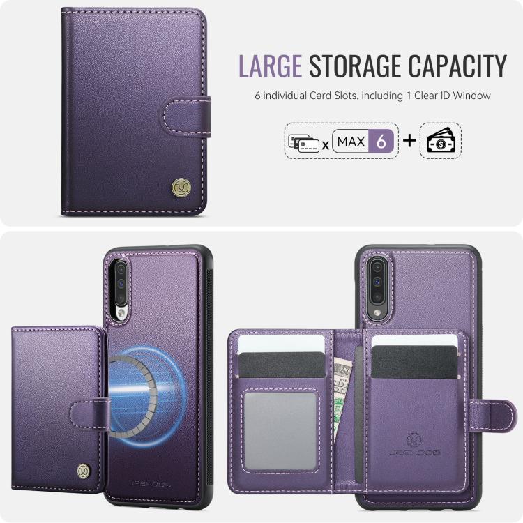 For Samsung Galaxy A50 JEEHOOD J09 Buckle Card Bag MagSafe Magnetic Style RFID Leather Phone Case
