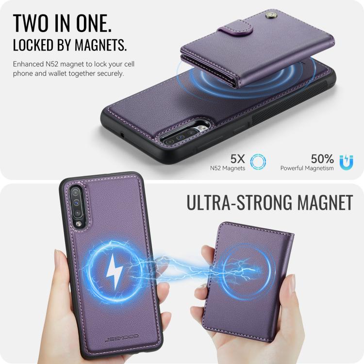 For Samsung Galaxy A50 JEEHOOD J09 Buckle Card Bag MagSafe Magnetic Style RFID Leather Phone Case