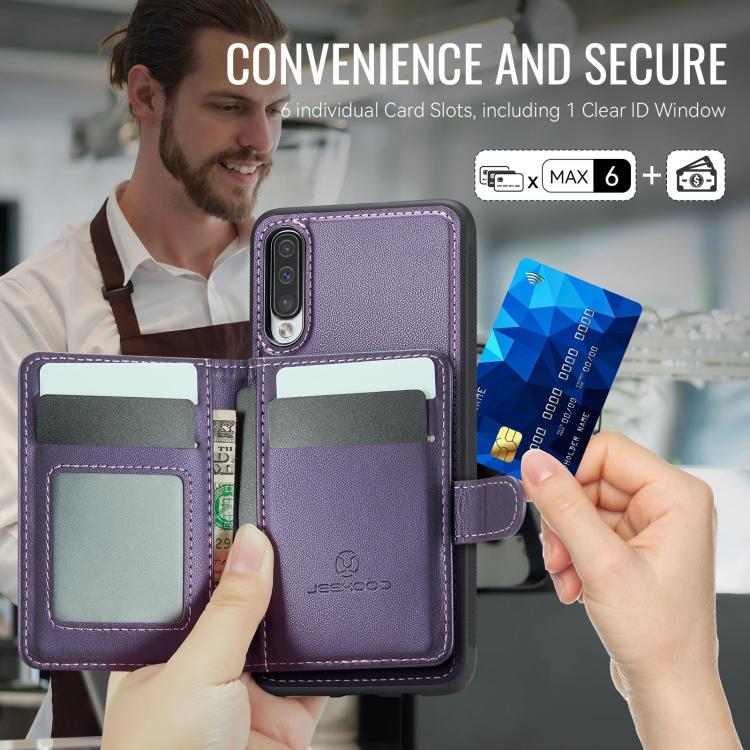For Samsung Galaxy A50 JEEHOOD J09 Buckle Card Bag MagSafe Magnetic Style RFID Leather Phone Case