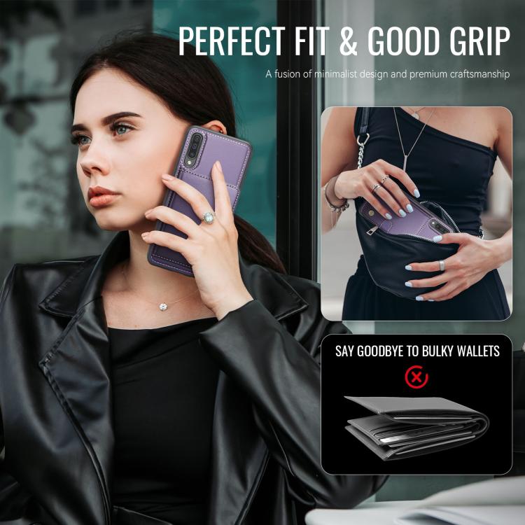 For Samsung Galaxy A50 JEEHOOD J09 Buckle Card Bag MagSafe Magnetic Style RFID Leather Phone Case