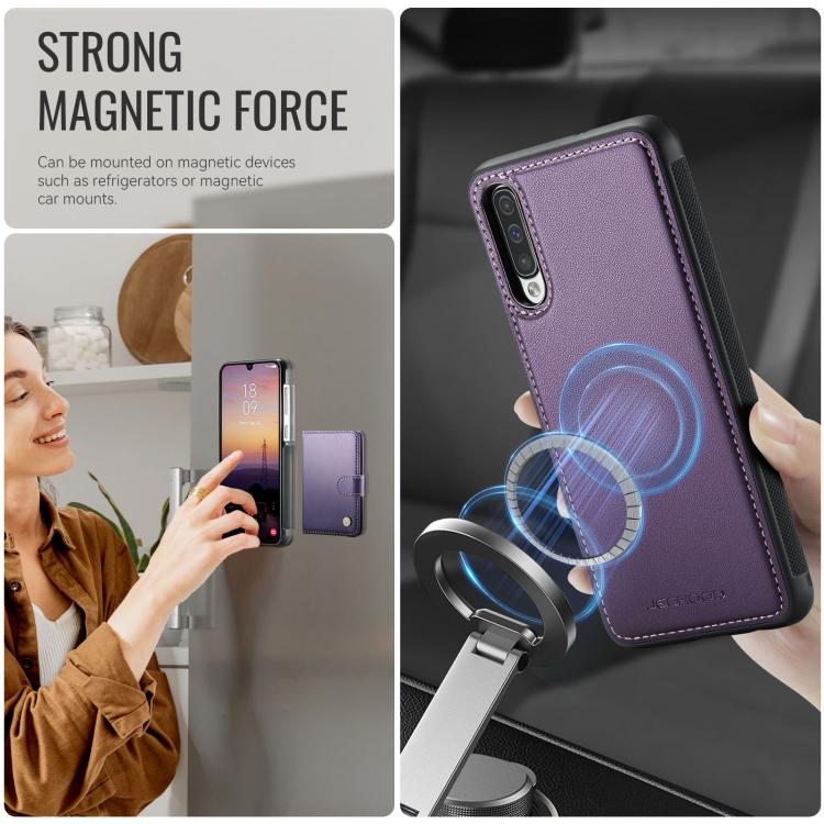 For Samsung Galaxy A50 JEEHOOD J09 Buckle Card Bag MagSafe Magnetic Style RFID Leather Phone Case