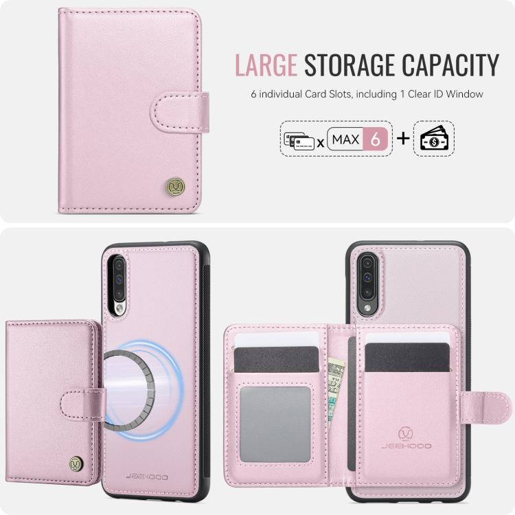 For Samsung Galaxy A50 JEEHOOD J09 Buckle Card Bag MagSafe Magnetic Style RFID Leather Phone Case