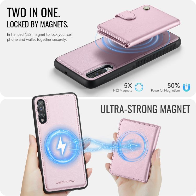 For Samsung Galaxy A50 JEEHOOD J09 Buckle Card Bag MagSafe Magnetic Style RFID Leather Phone Case
