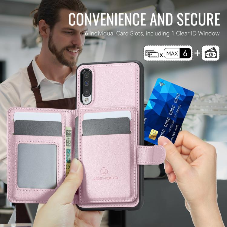 For Samsung Galaxy A50 JEEHOOD J09 Buckle Card Bag MagSafe Magnetic Style RFID Leather Phone Case