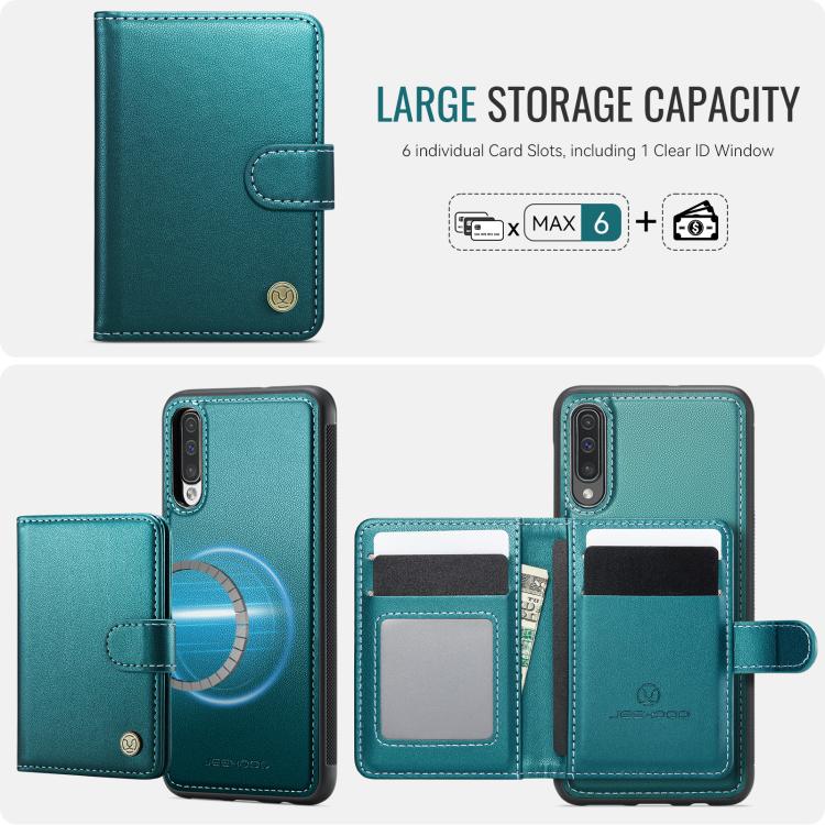 For Samsung Galaxy A50 JEEHOOD J09 Buckle Card Bag MagSafe Magnetic Style RFID Leather Phone Case