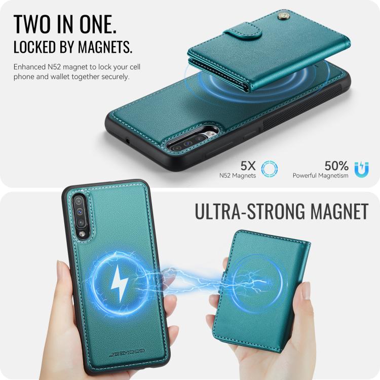 For Samsung Galaxy A50 JEEHOOD J09 Buckle Card Bag MagSafe Magnetic Style RFID Leather Phone Case