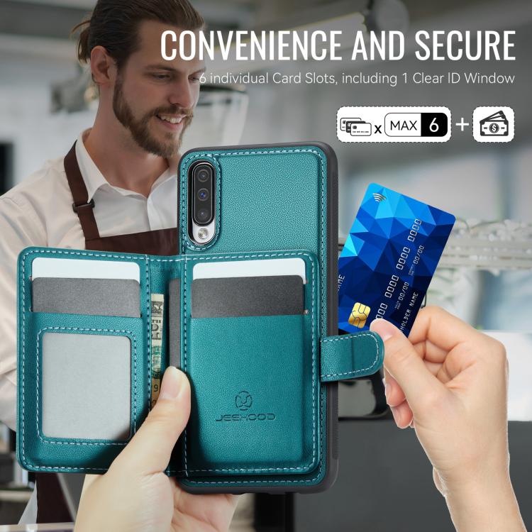 For Samsung Galaxy A50 JEEHOOD J09 Buckle Card Bag MagSafe Magnetic Style RFID Leather Phone Case