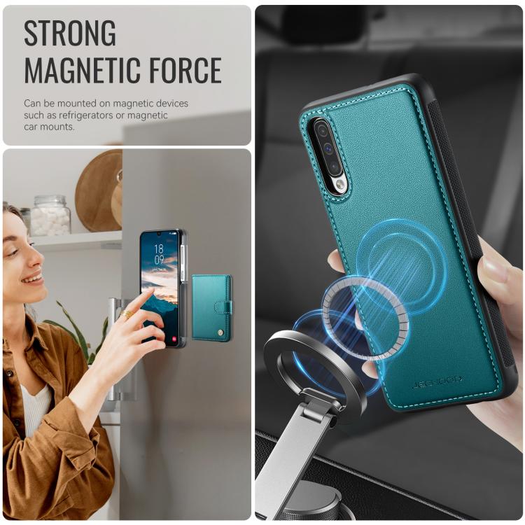 For Samsung Galaxy A50 JEEHOOD J09 Buckle Card Bag MagSafe Magnetic Style RFID Leather Phone Case