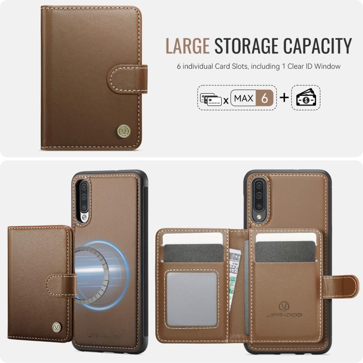 For Samsung Galaxy A50 JEEHOOD J09 Buckle Card Bag MagSafe Magnetic Style RFID Leather Phone Case