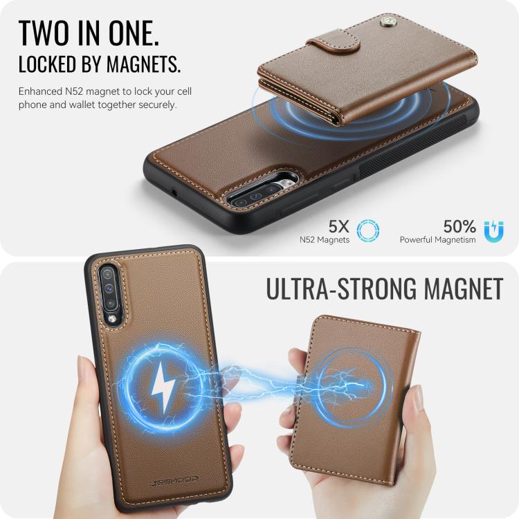 For Samsung Galaxy A50 JEEHOOD J09 Buckle Card Bag MagSafe Magnetic Style RFID Leather Phone Case