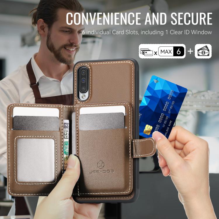 For Samsung Galaxy A50 JEEHOOD J09 Buckle Card Bag MagSafe Magnetic Style RFID Leather Phone Case