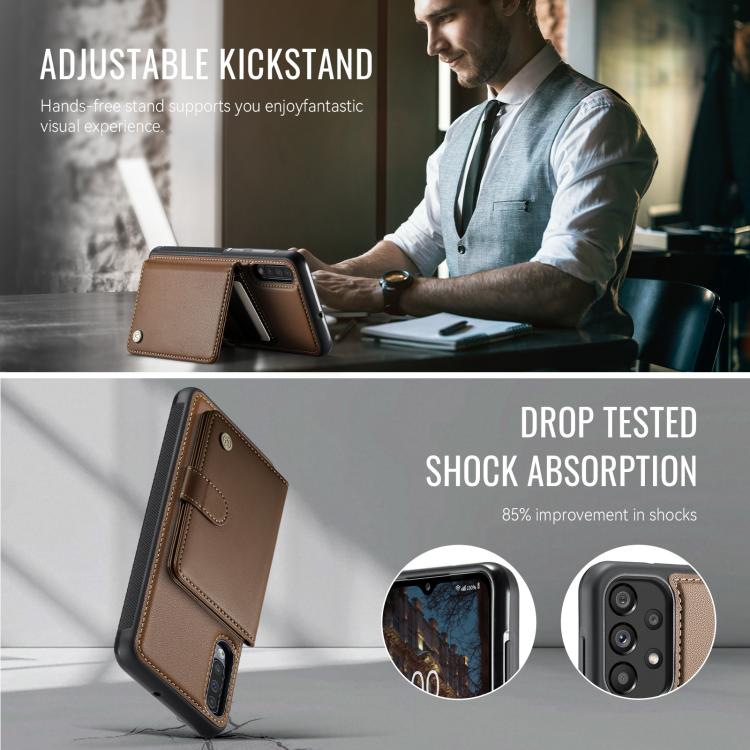For Samsung Galaxy A50 JEEHOOD J09 Buckle Card Bag MagSafe Magnetic Style RFID Leather Phone Case