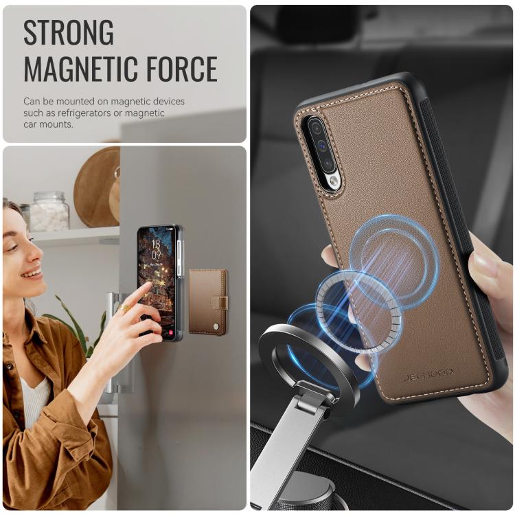 For Samsung Galaxy A50 JEEHOOD J09 Buckle Card Bag MagSafe Magnetic Style RFID Leather Phone Case