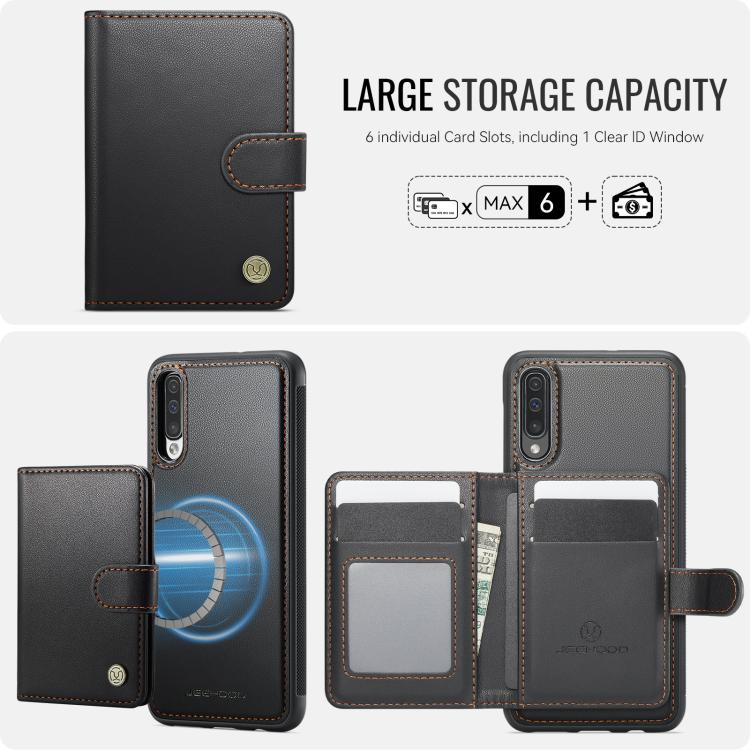 For Samsung Galaxy A50 JEEHOOD J09 Buckle Card Bag MagSafe Magnetic Style RFID Leather Phone Case