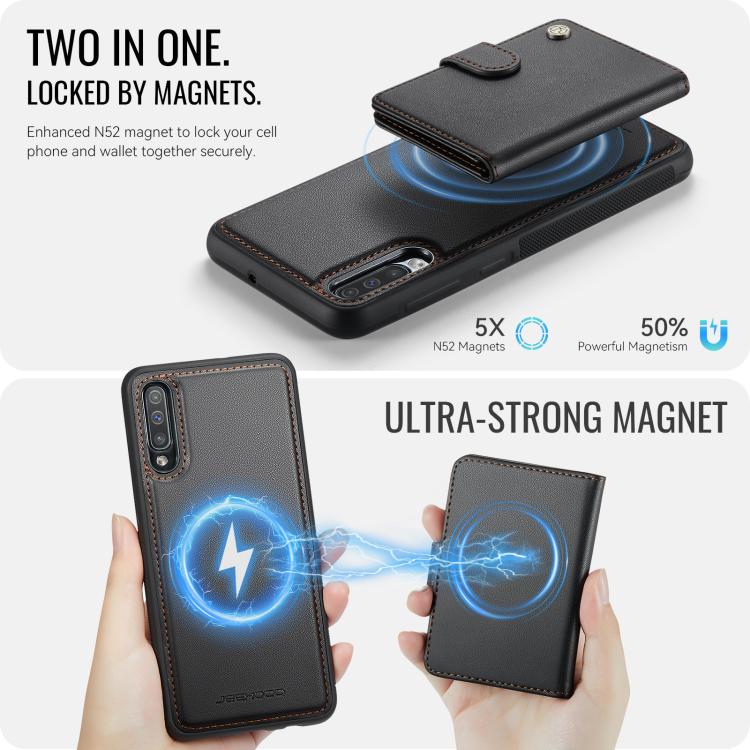 For Samsung Galaxy A50 JEEHOOD J09 Buckle Card Bag MagSafe Magnetic Style RFID Leather Phone Case