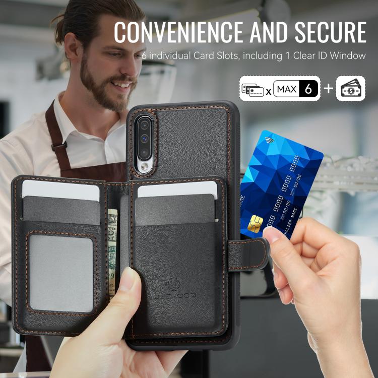 For Samsung Galaxy A50 JEEHOOD J09 Buckle Card Bag MagSafe Magnetic Style RFID Leather Phone Case