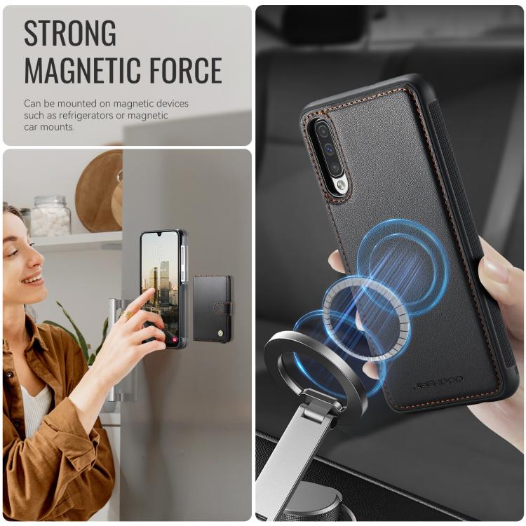 For Samsung Galaxy A50 JEEHOOD J09 Buckle Card Bag MagSafe Magnetic Style RFID Leather Phone Case