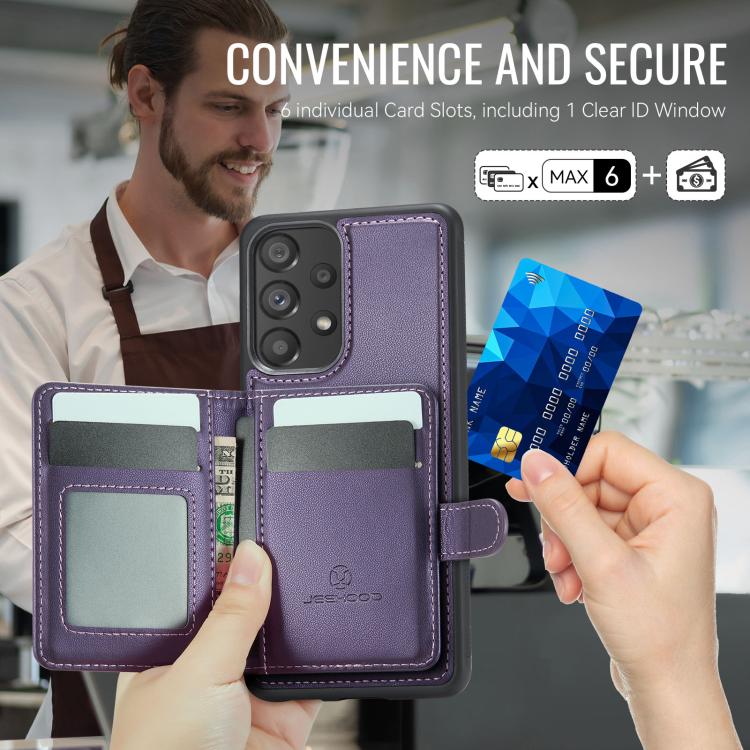 For Samsung Galaxy A53 5G JEEHOOD J09 Buckle Card Bag MagSafe Magnetic Style RFID Leather Phone Case