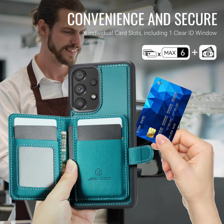 For Samsung Galaxy A53 5G JEEHOOD J09 Buckle Card Bag MagSafe Magnetic Style RFID Leather Phone Case