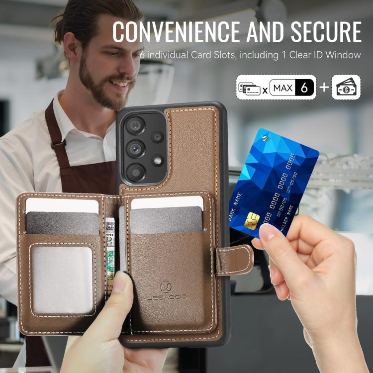 For Samsung Galaxy A53 5G JEEHOOD J09 Buckle Card Bag MagSafe Magnetic Style RFID Leather Phone Case