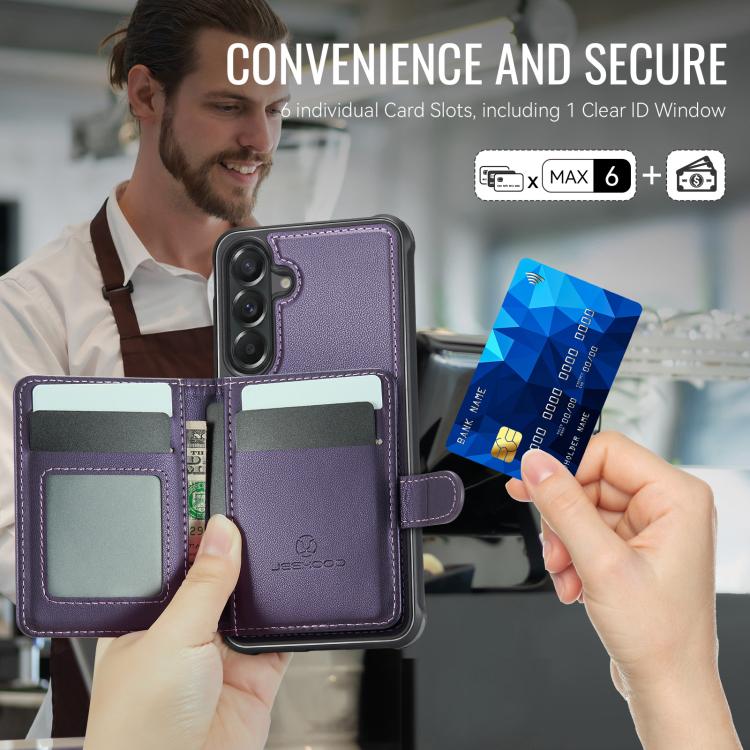 For Samsung Galaxy A57 5G JEEHOOD J09 Buckle Card Bag MagSafe Magnetic Style RFID Leather Phone Case