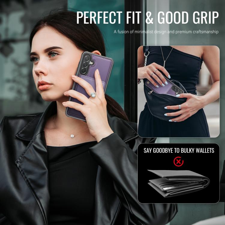 For Samsung Galaxy A57 5G JEEHOOD J09 Buckle Card Bag MagSafe Magnetic Style RFID Leather Phone Case