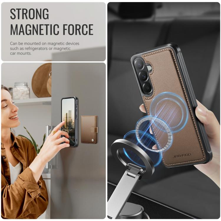 For Samsung Galaxy A57 5G JEEHOOD J09 Buckle Card Bag MagSafe Magnetic Style RFID Leather Phone Case