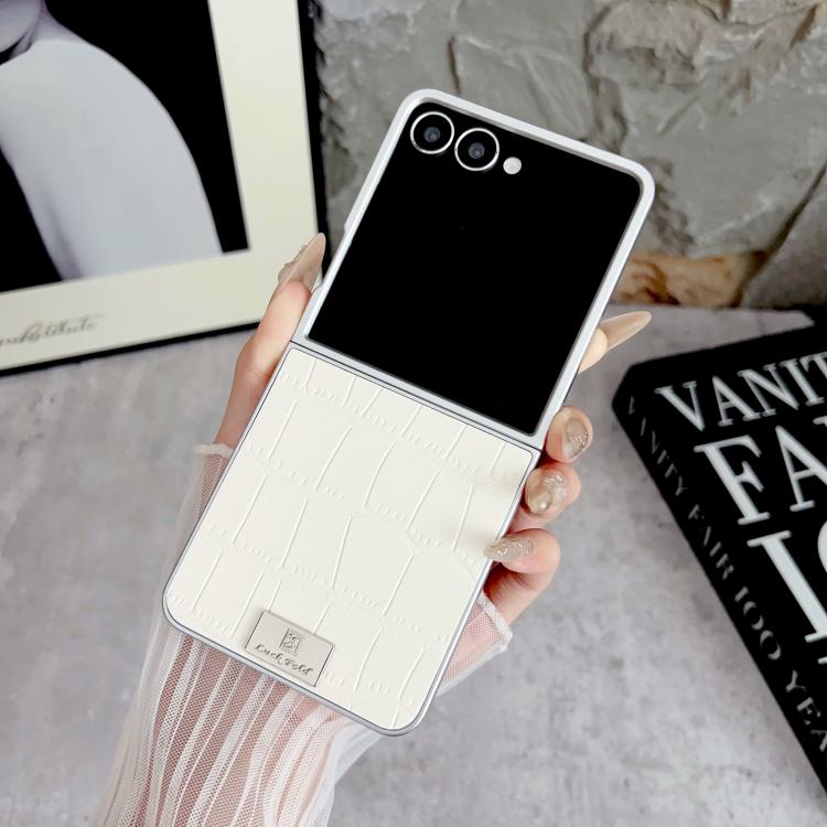 For Samsung Galaxy Z Flip7 5G Silver Edge Crocodile Pattern Foldable Phone Case - White