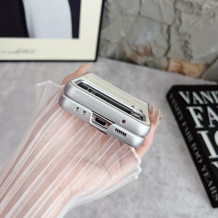 For Samsung Galaxy Z Flip7 5G Silver Edge Crocodile Pattern Foldable Phone Case - White