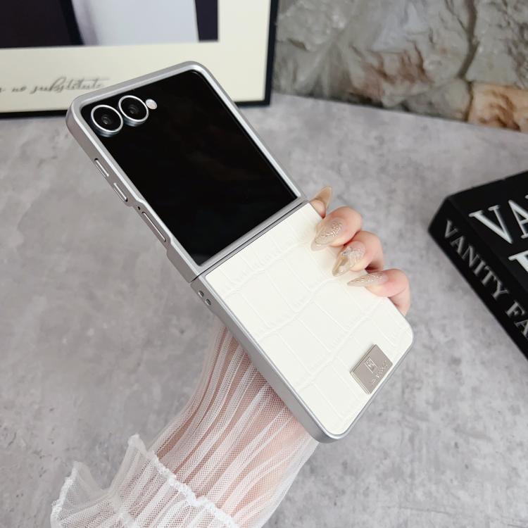 For Samsung Galaxy Z Flip7 5G Silver Edge Crocodile Pattern Foldable Phone Case - White