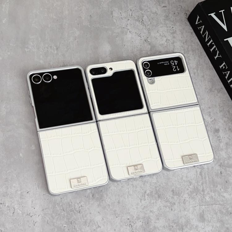 For Samsung Galaxy Z Flip7 5G Silver Edge Crocodile Pattern Foldable Phone Case - White
