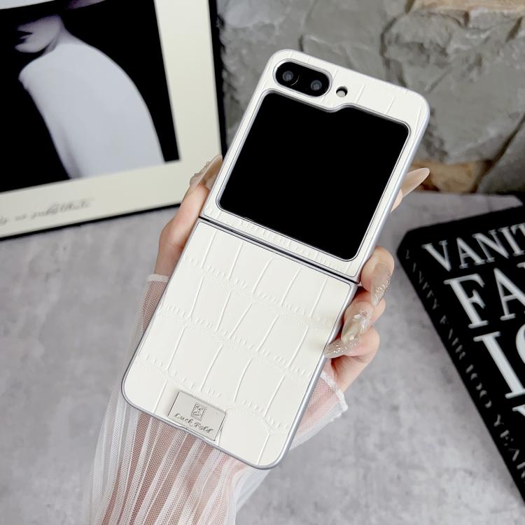 For Samsung Galaxy Z Flip7 FE / Flip6 Silver Edge Crocodile Pattern Foldable Phone Case - White