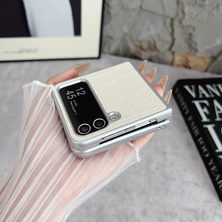 For Samsung Galaxy Z Flip7 FE / Flip6 Silver Edge Crocodile Pattern Foldable Phone Case - White