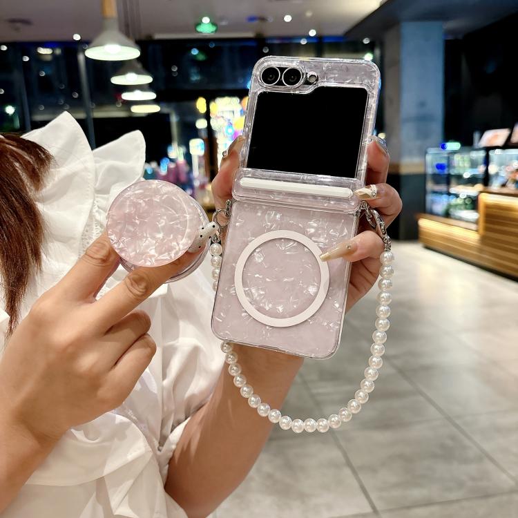 For Samsung Galaxy Flip6 5G Axis Pearlescent Shell Texture MagSafe Phone Case with Bracelet