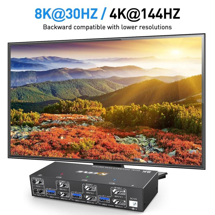 KCEVE KC-KVM302DP USB 3.0 Dual Monitor 8K 30Hz KVM Switch, Plug Type:UK Plug