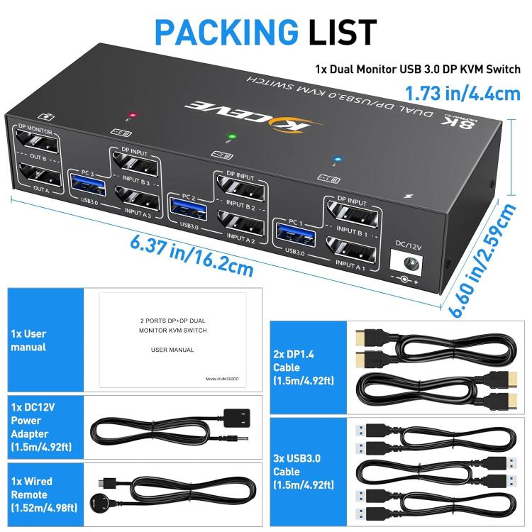 KCEVE KC-KVM302DP USB 3.0 Dual Monitor 8K 30Hz KVM Switch, Plug Type:UK Plug