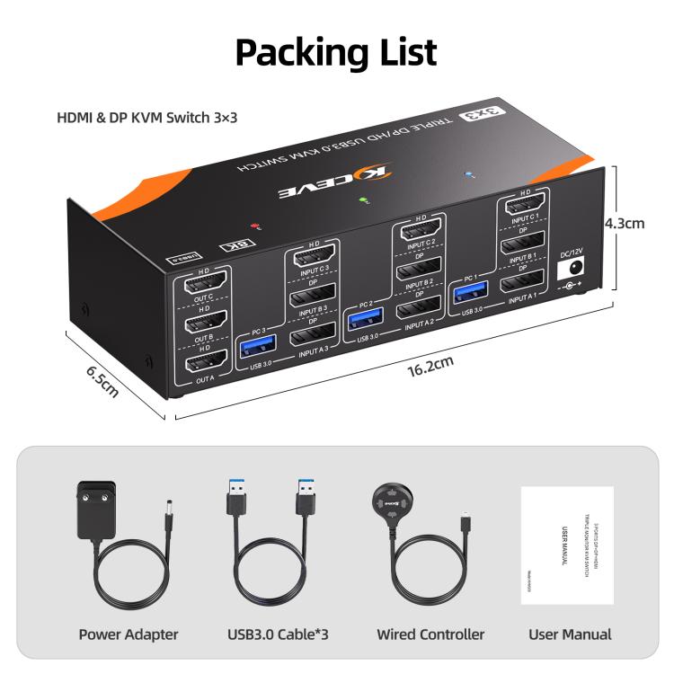 KCEVE KC-KVM303 USB 3.0 Dual Monitor 8K 60Hz KVM Switch, Plug Type:US Plug