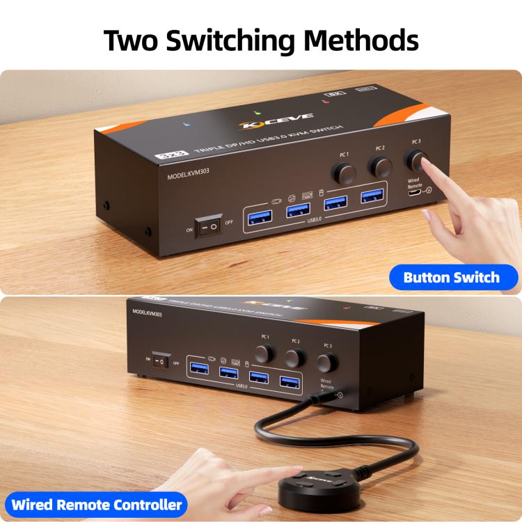 KCEVE KC-KVM303 USB 3.0 Dual Monitor 8K 60Hz KVM Switch, Plug Type:AU Plug