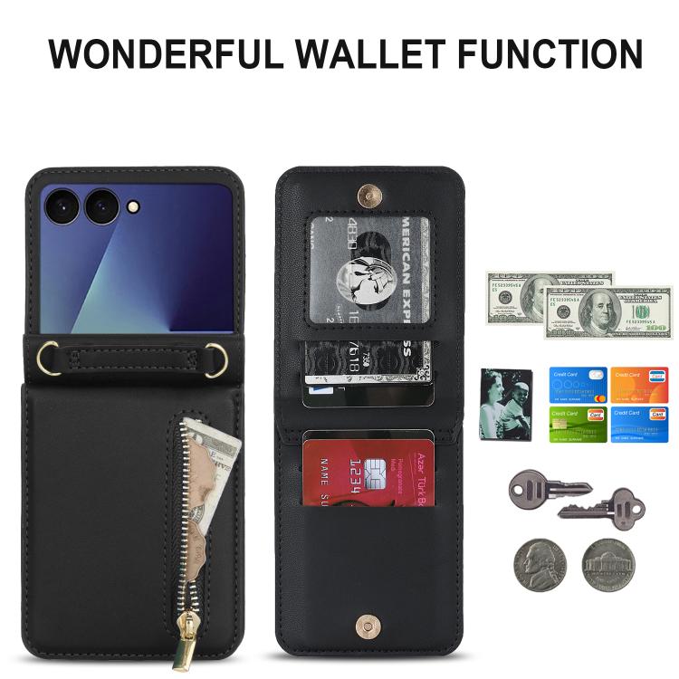 For Samsung Galaxy Z Flip7 5G Zipper Wallet Card Slot Leather Phone Case with Crossbody Strap