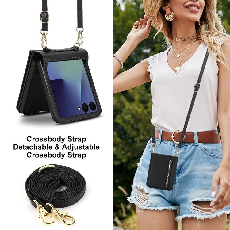 For Samsung Galaxy Z Flip7 5G Zipper Wallet Card Slot Leather Phone Case with Crossbody Strap