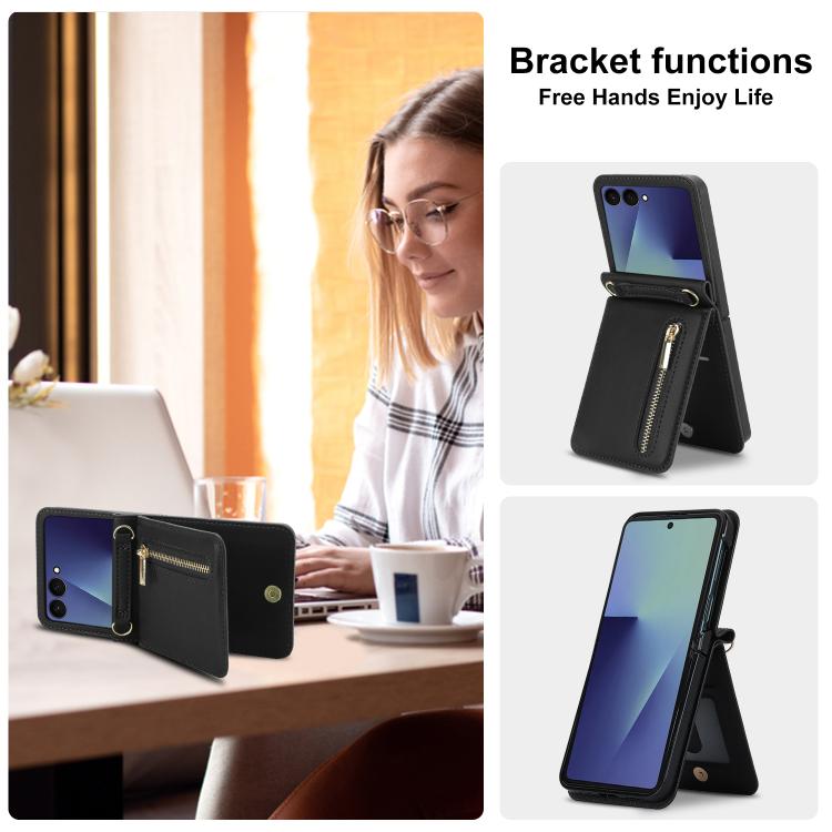 For Samsung Galaxy Z Flip7 5G Zipper Wallet Card Slot Leather Phone Case with Crossbody Strap