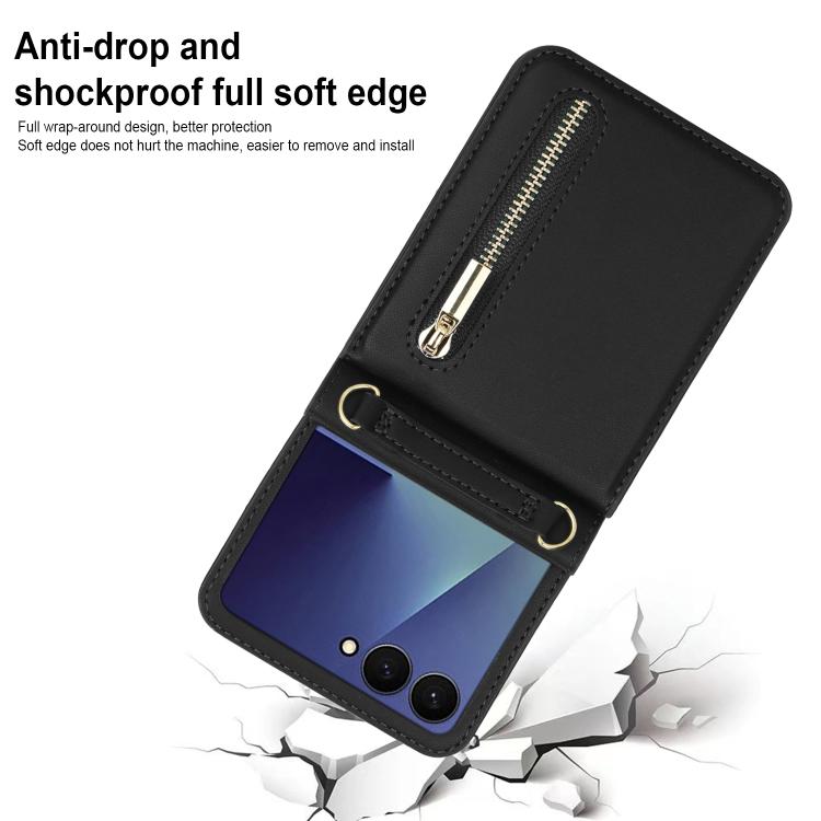 For Samsung Galaxy Z Flip7 5G Zipper Wallet Card Slot Leather Phone Case with Crossbody Strap