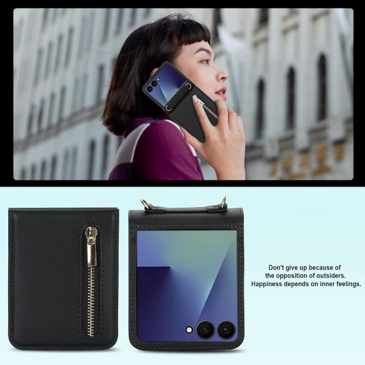 For Samsung Galaxy Z Flip7 5G Zipper Wallet Card Slot Leather Phone Case with Crossbody Strap