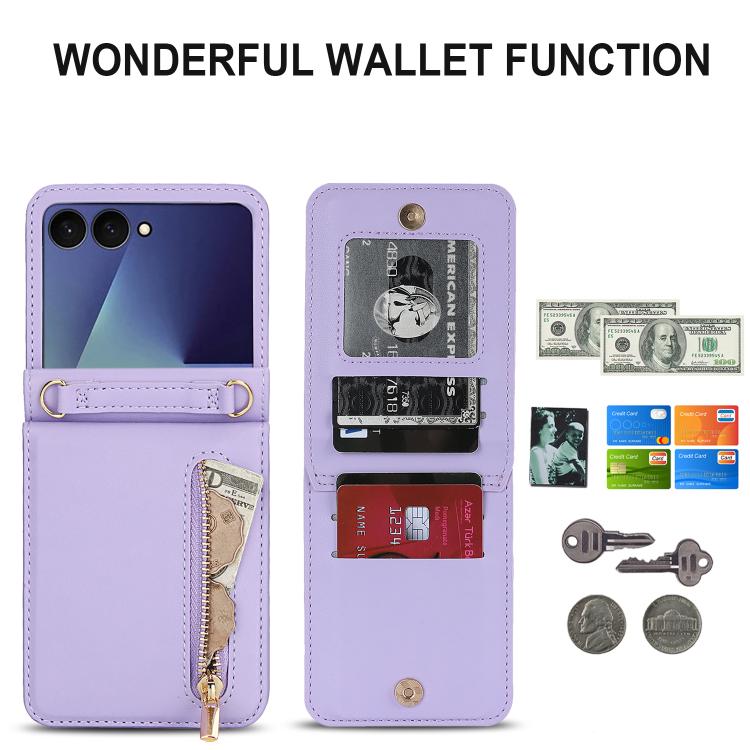 For Samsung Galaxy Z Flip7 5G Zipper Wallet Card Slot Leather Phone Case with Crossbody Strap