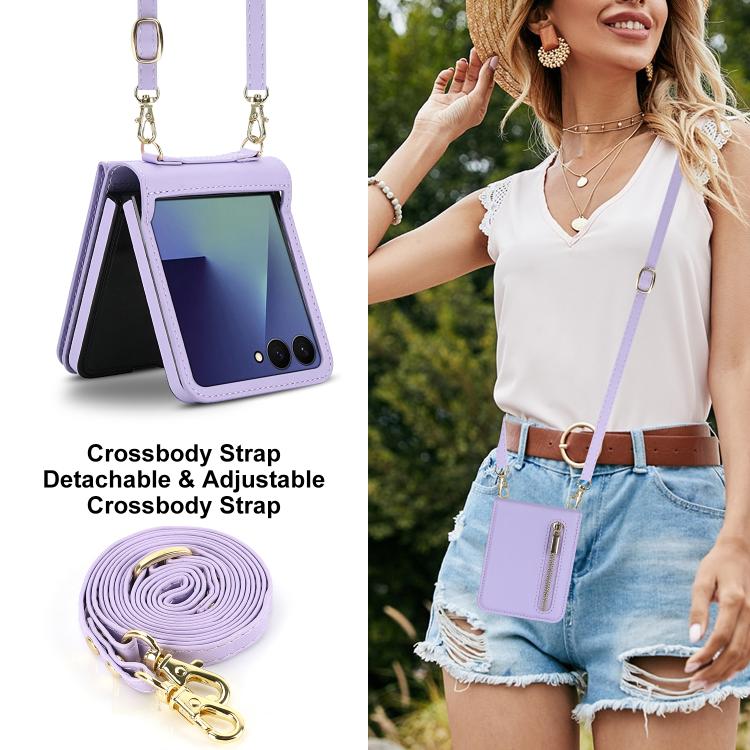 For Samsung Galaxy Z Flip7 5G Zipper Wallet Card Slot Leather Phone Case with Crossbody Strap